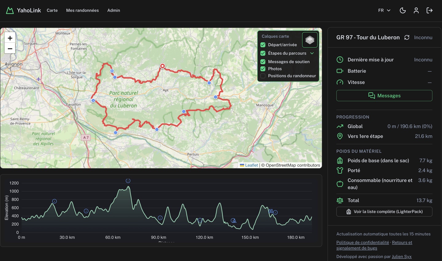 Interface YahoLink — carte de randonnée avec suivi GPS en temps réel